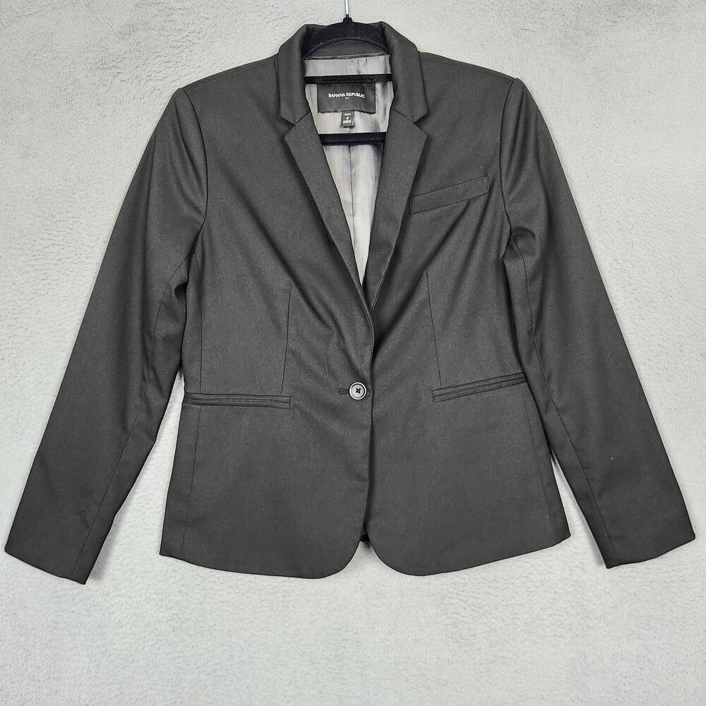 Banana Republic Blazer Womens Petite 4 Black Stretch Lined One Button Academia
